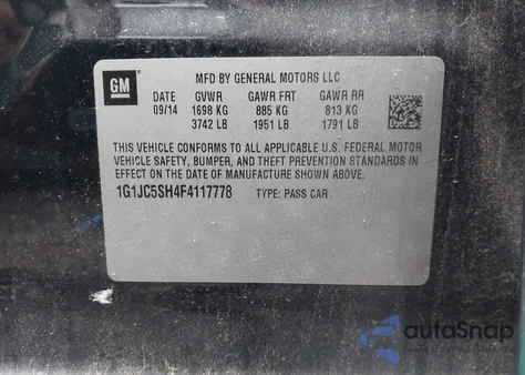 2015 Chevrolet Sonic Lt Auto from USA, damaged, VIN 1G1JC5SH4F4117778